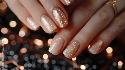 Close-up of stylish, long nude nails with glitter and rhinestone embellishments.