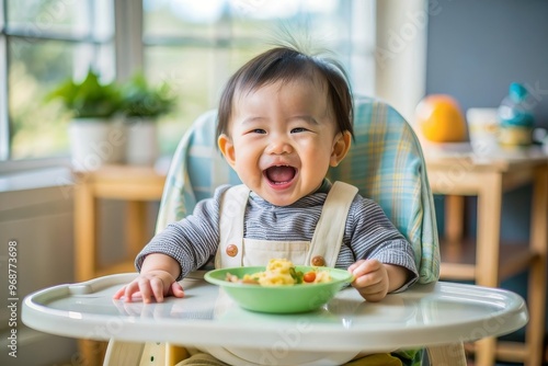 Little toddler learning how to feed himself, trying healthy food lunch time at home baby led weaning. Vegetarian child.