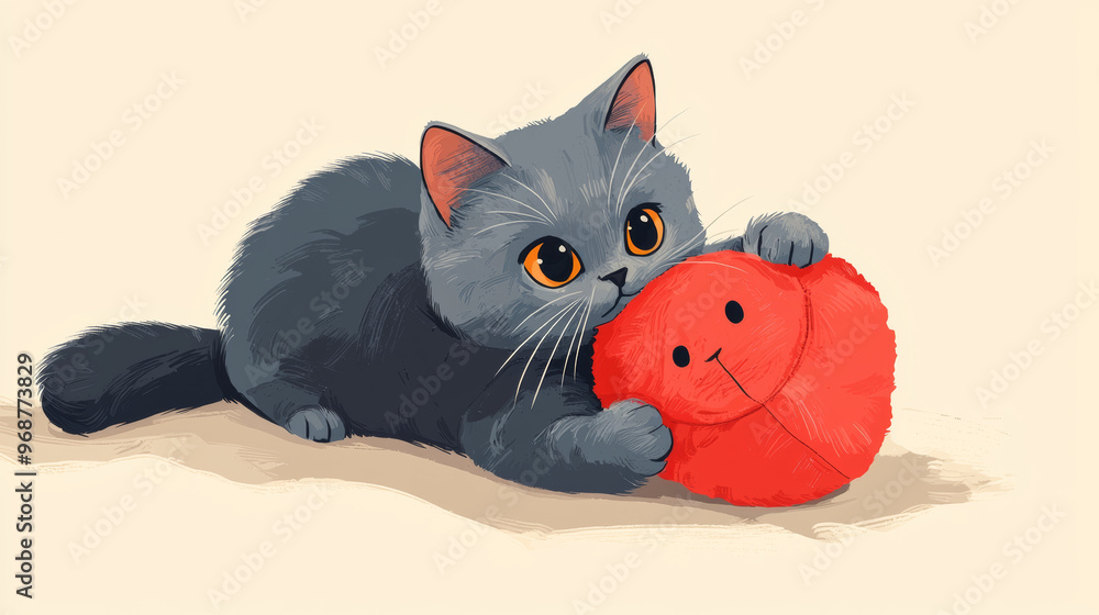 Obraz premium A British Shorthair cat joyfully pounces on plush toy, showcasing its playful nature and curiosity. vibrant colors and adorable expression capture moment of pure delight