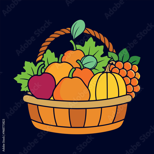 autumn Basket with pumpkin, grapes, apples and pears Clipart isolated vector illustration