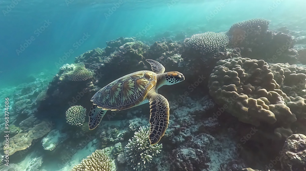 A green sea turtle swims gracefully over a vibrant coral reef in clear blue water. A green sea turtle swims gracefully over a vibrant coral reef in clear blue water.
