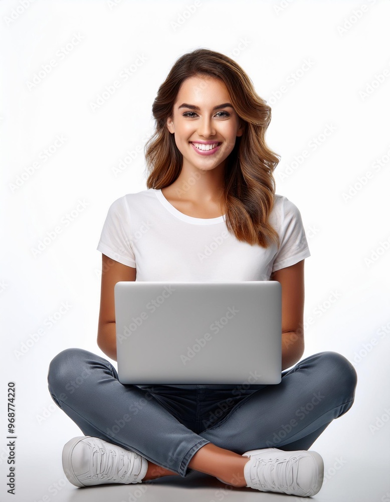 Beautiful Woman Using Laptop Isolated on White Background Beautiful Woman Using Laptop Isolated on White Background
