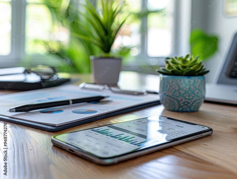 A modern workspace featuring a smartphone displaying analytics, plants, and a clipboard with charts on a wooden desk. A modern workspace featuring a smartphone displaying analytics, plants, and a clipboard with charts on a wooden desk.