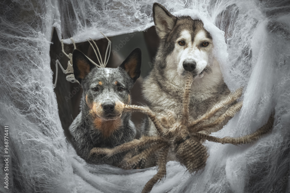 Halloween portrait of two dog in a web