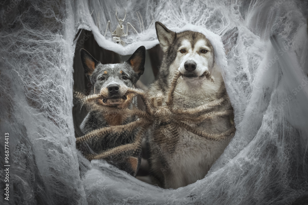 Halloween portrait of two dog in a web