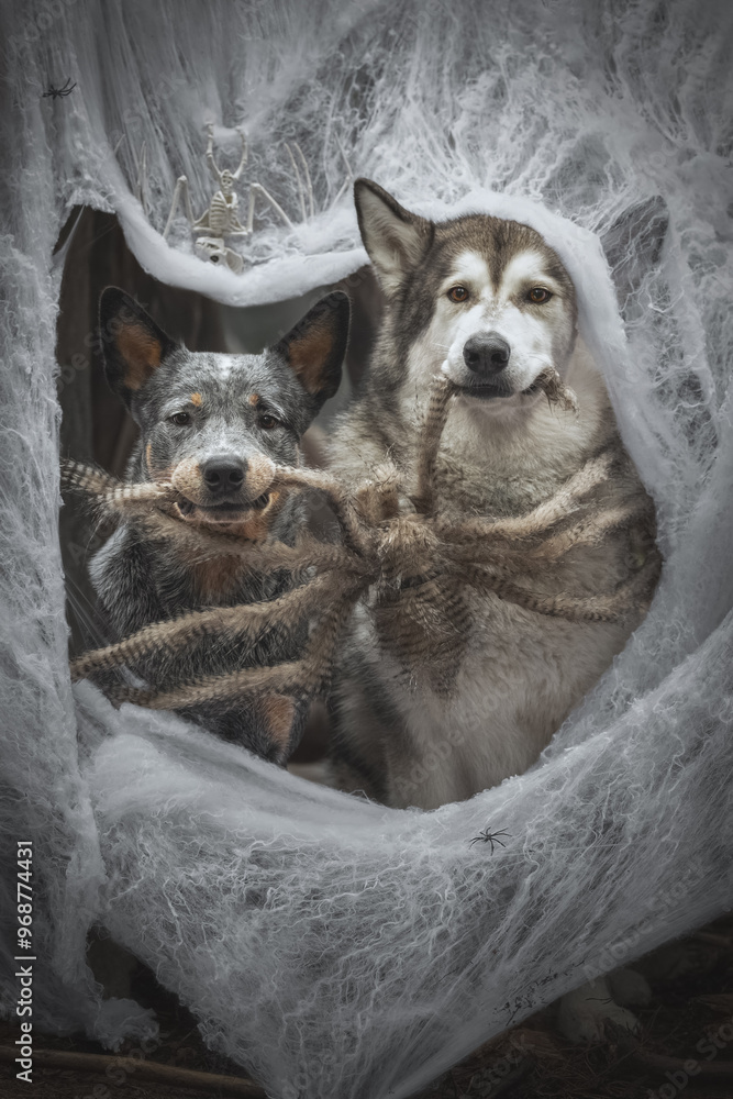 Halloween portrait of two dog in a web