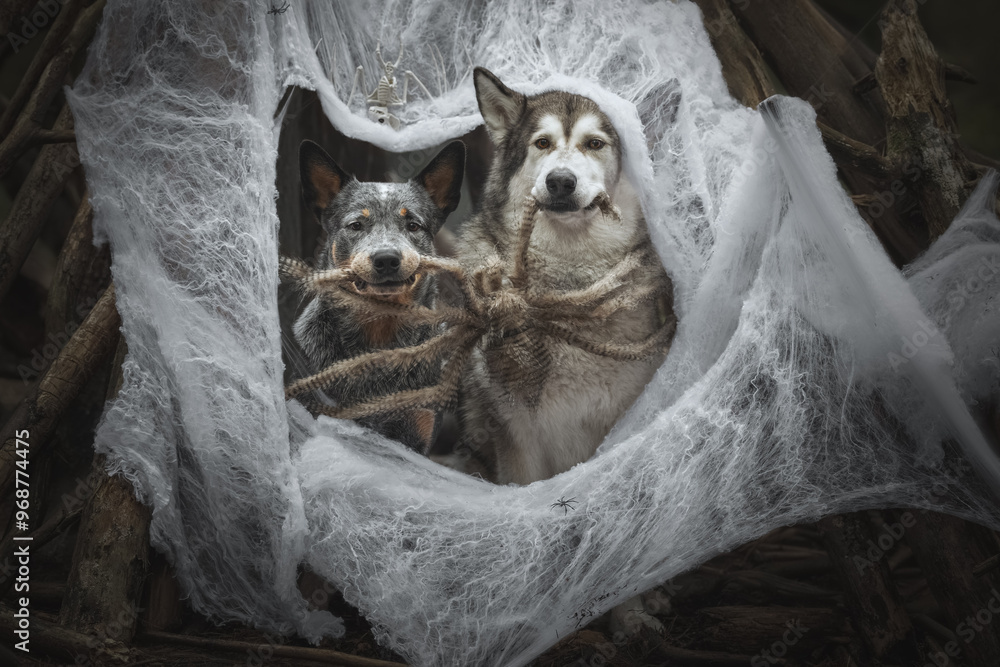 Halloween portrait of two dog in a web