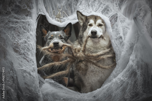 Obraz na płótnie Halloween portrait of two dog in a web w salonie