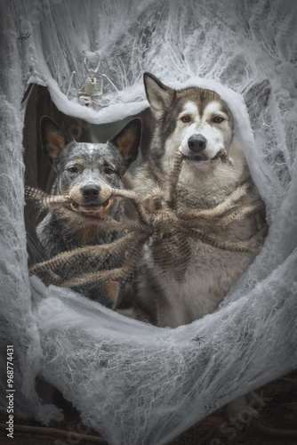 Obraz na płótnie Halloween portrait of two dog in a web w salonie