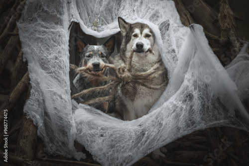 Obraz na płótnie Halloween portrait of two dog in a web w salonie