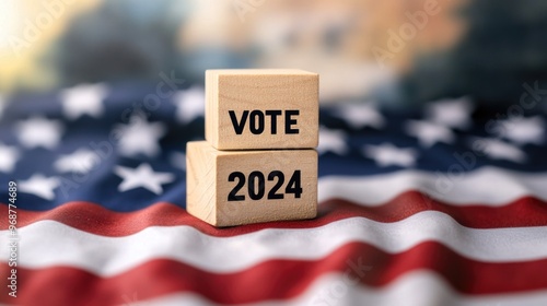 United States presidential election in 2024. Wooden cubes with text VOTE and 2024 over the American flag background. Politics and voting conceptual photo