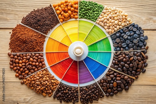 A vibrant wheel of coffee flavors unfolds, with notes of bright citrus, sweet caramel, rich fruit, and smooth chocolate, and intensity levels from subtle to bold.