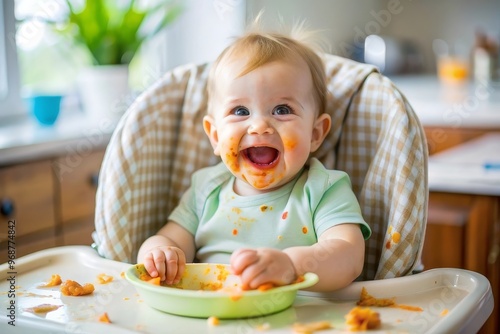 Little toddler learning how to feed himself, trying healthy food lunch time at home baby led weaning. Vegetarian child.