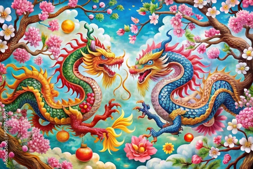 Wallpaper Mural "Colorful banner featuring intertwined dragons and phoenixes amidst cherry blossoms and lotus flowers, symbolizing cultural harmony and regional identity." Torontodigital.ca