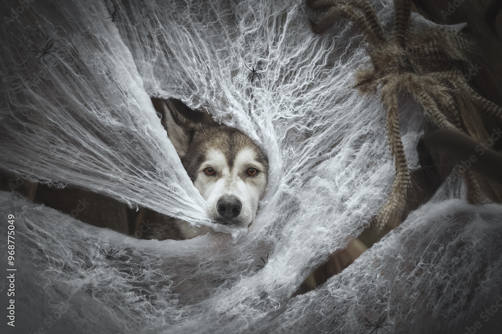 Halloween portrait of dog in a web