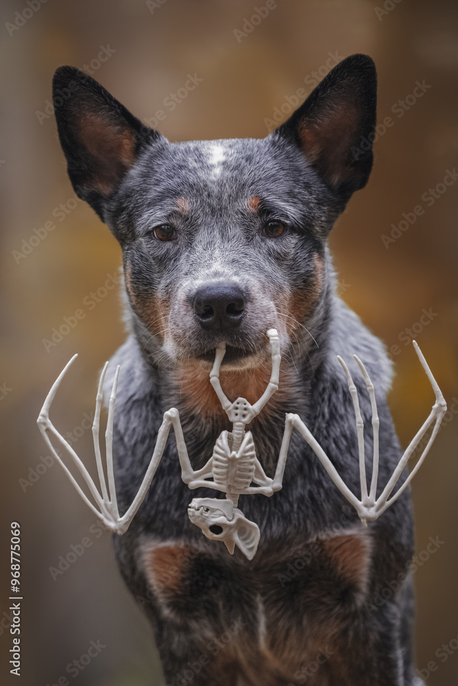 Halloween portrait of dog bat skeleton