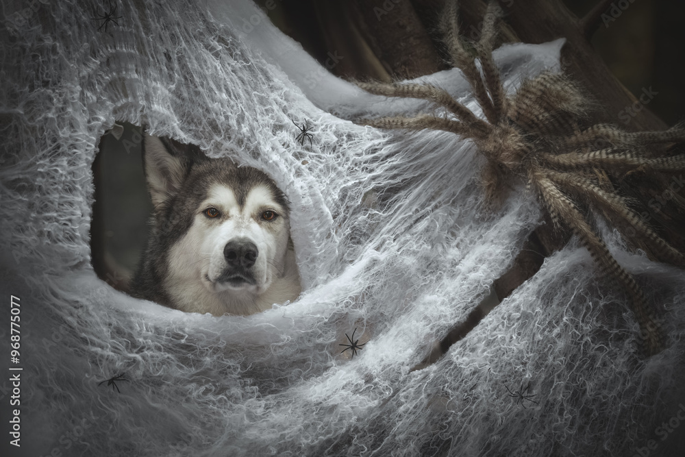 Halloween portrait of dog in a web