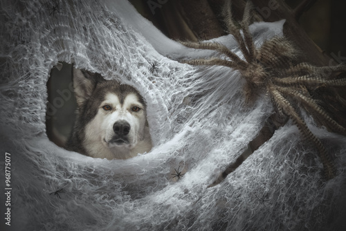 Obraz na płótnie Halloween portrait of dog in a web w salonie