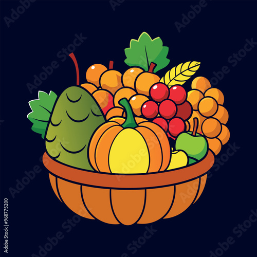 autumn Basket with pumpkin, grapes, apples and pears Clipart isolated vector illustration