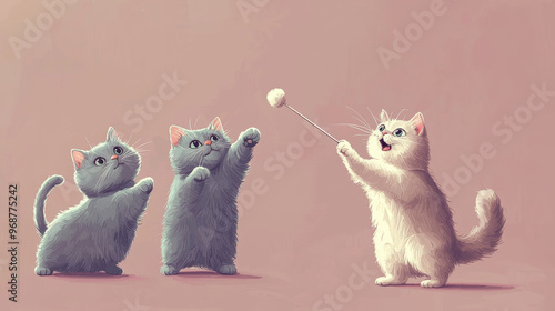 Fluffy British Shorthair cats playfully swatting at cat teaser wand, showcasing their playful nature and curiosity. scene captures delightful moment of feline fun and interaction photo