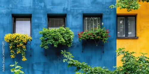 Brightly colored building with lush window boxes being cleaned on a sunny day