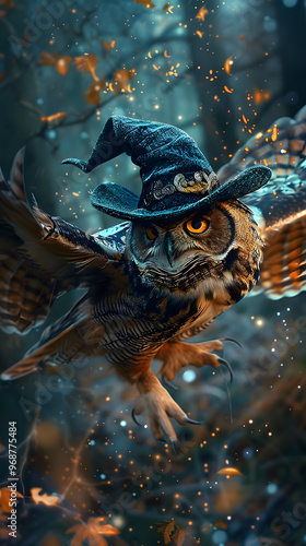 Owl wearing a wizard's hat flying over a glowing enchanted forest photo