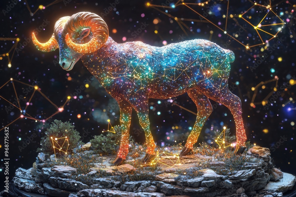 Colorful celestial ram standing on rocky ground against starry galaxy background Colorful celestial ram standing on rocky ground against starry galaxy background