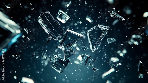 Shattered glass pieces floating in space with reflections and light effects