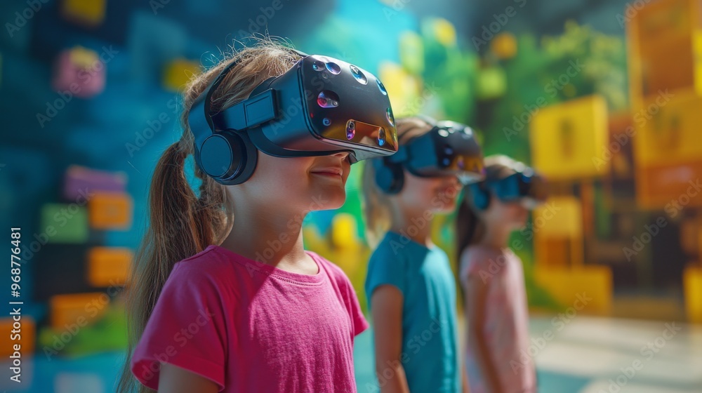 AI-powered interactive learning platforms for children in virtual environments: Kids using VR headsets to explore interactive learning worlds, guided by AI tutors. AI-powered interactive learning platforms for children in virtual environments: Kids using VR headsets to explore interactive learning worlds, guided by AI tutors.