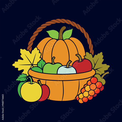 autumn Basket with pumpkin, grapes, apples and pears Clipart isolated vector illustration