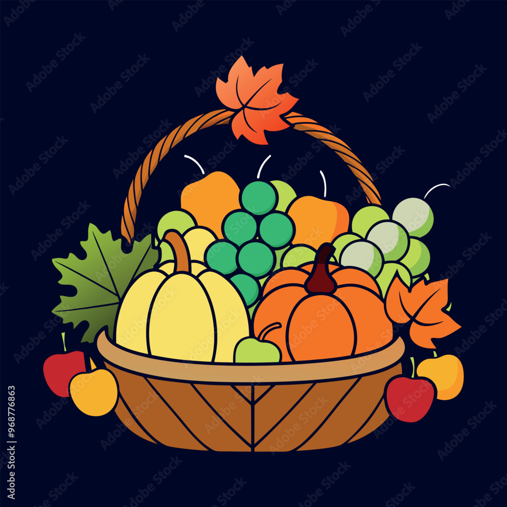 autumn Basket with pumpkin, grapes, apples and pears Clipart isolated vector illustration autumn Basket with pumpkin, grapes, apples and pears Clipart isolated vector illustration