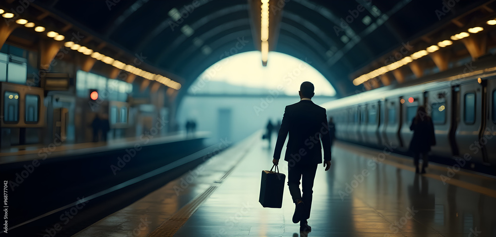 Fototapeta premium Businessman Walking in Train Station with Luggage for Corporate Travel