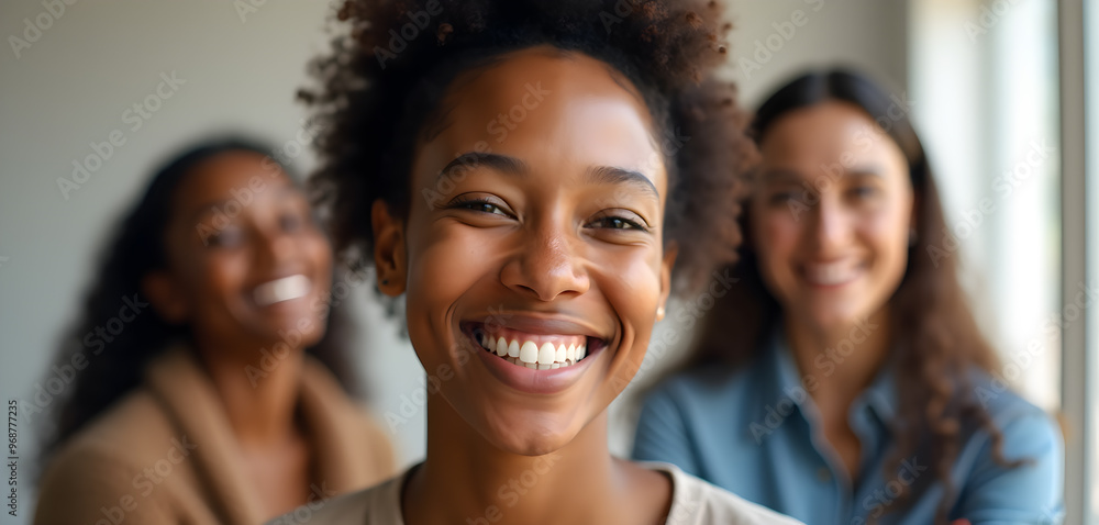 Happy Female Executive Smiling with Colleagues in a Corporate Office Setting Happy Female Executive Smiling with Colleagues in a Corporate Office Setting