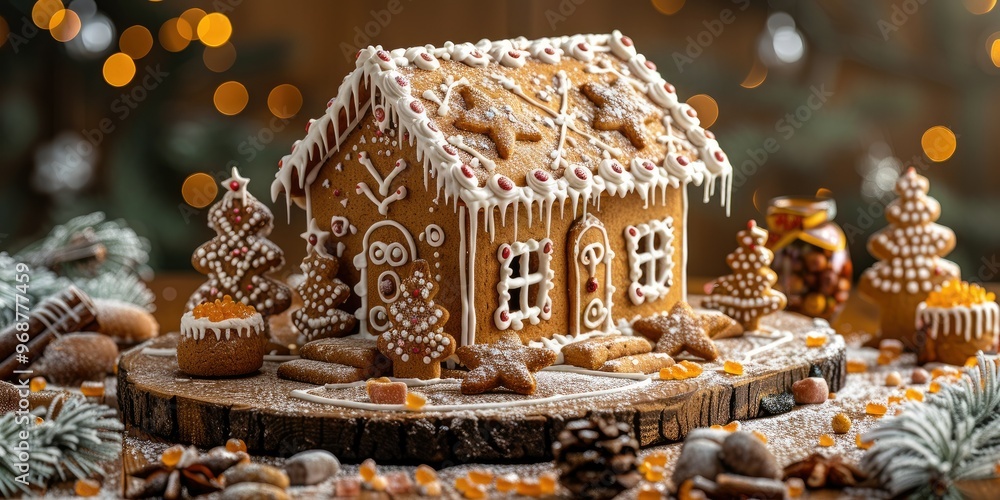 Delightful gingerbread house surrounded by festive decorations and seasonal treats Delightful gingerbread house surrounded by festive decorations and seasonal treats