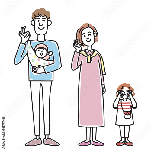 赤ちゃんを抱っこするおしゃれな若い夫婦と女の子