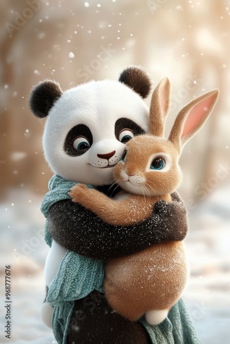 Rabbit and panda bear sharing an adorable hug in the snow, cartoon style, celebrating friendship and love.
