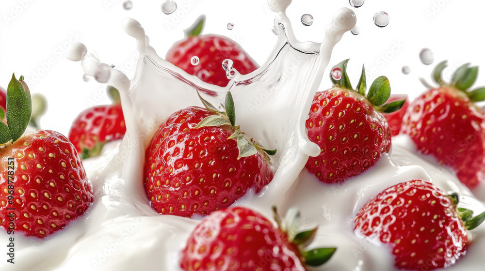 Fresh strawberry splashing into creamy yoghurt isolated on white background. Fresh strawberry splashing into creamy yoghurt isolated on white background.