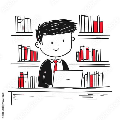 Man thinking and looking a laptop at his office or library, vector illustration, against a white background