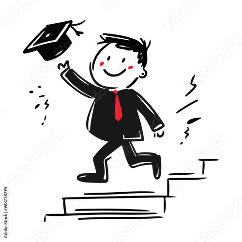 man running up to the stair for grabbing graduation cap,  vector illustration, against a white background