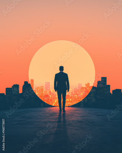 Silhouette of a man standing against a vibrant sunset over a city skyline, symbolizing aspiration and solitude.