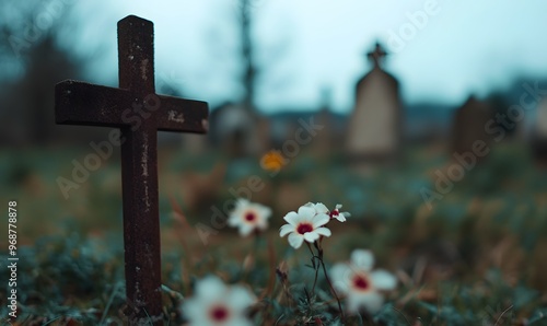  a small graveyard in the fiel with flower