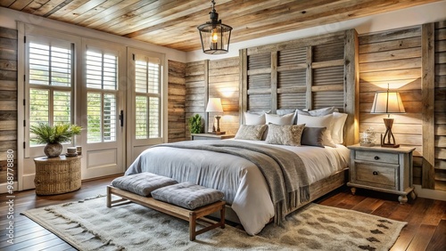 Cozy farmhouse bedroom with plush area rug, wooden slats, vintage window shutter headboard, lantern pendant, rustic plank walls, and soft French linen duvet. photo