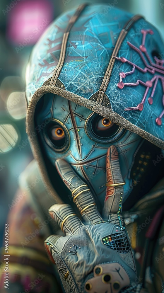 Fototapeta premium Colorful, cyberpunk figure in a neon mask, futuristic design for smartphone use.