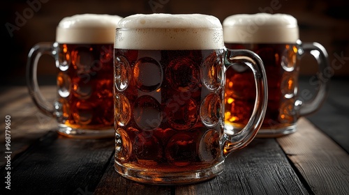 Beer scene with three frosty mugs of dark beer