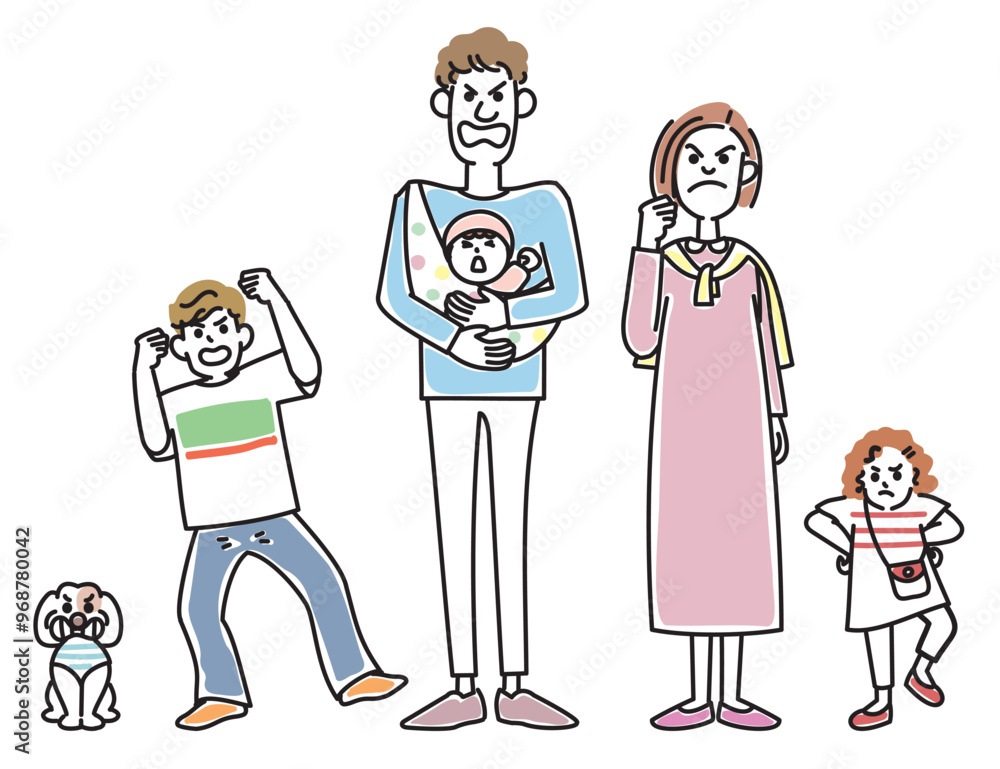 おしゃれな若い夫婦と子供たちと子犬