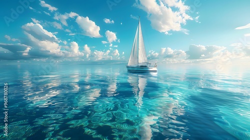 A sailboat glides effortlessly over clear blue water, its wake creating gentle ripples while the sky is beautifully mirrored on the surface. photo