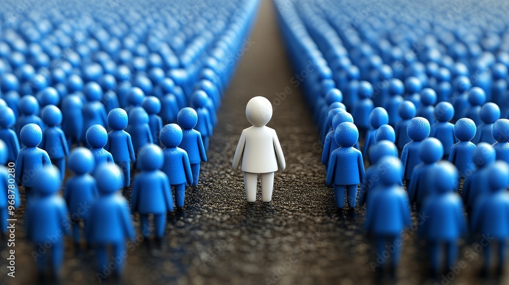 Fototapeta premium A lone figure stands out among a crowd of blue figures, symbolizing individuality and uniqueness in a society.