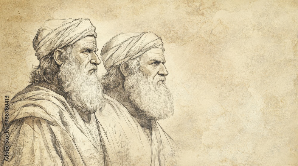 Fototapeta premium The Allotment for Manasseh: Leaders of Manasseh reaffirming commitment to follow God’s commandments with Joshua, biblical illustration, Beige Background