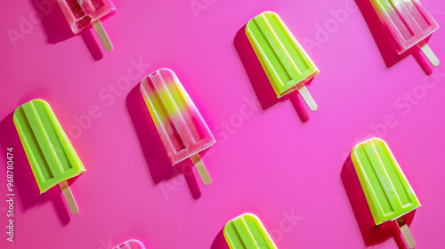Colorful fruit popsicles arranged on a pink background, showcasing multiple flavors and vibrant colors