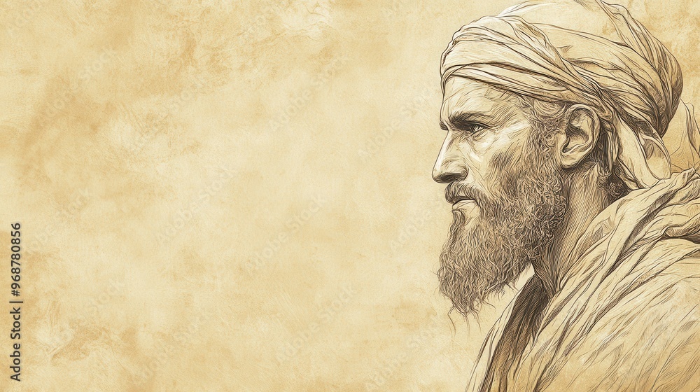 Fototapeta premium Joshua's Farewell Address: Face showing wisdom and years of leadership, Joshua standing before people, biblical illustration, Beige Background